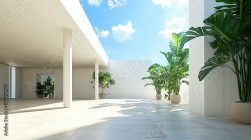 Wallpaper Mural Modern 3D interior rendering showcasing bright white walls, ample natural light, lush green plants in pots, and a striking blue sky backdrop. Torontodigital.ca