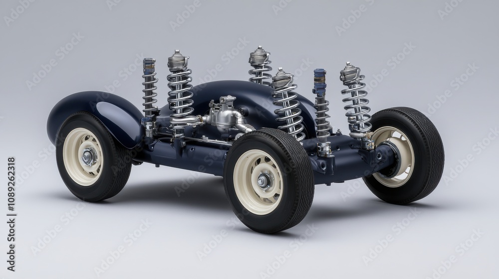 A sleek model car showcasing an intricate suspension system and classic design elements, emphasizing craftsmanship and automotive engineering. A sleek model car showcasing an intricate suspension system and classic design elements, emphasizing craftsmanship and automotive engineering.