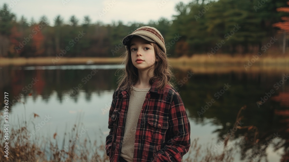 Young girl wearing a plaid jacket and hat stands by a tranquil lake, surrounded by trees and autumn foliage, captured in a serene outdoor setting. Young girl wearing a plaid jacket and hat stands by a tranquil lake, surrounded by trees and autumn foliage, captured in a serene outdoor setting.