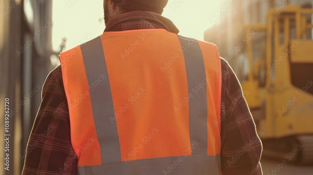 Construction worker in orange safety vest walking away at building site, sunset illuminating the background with heavy machinery visible. Construction worker in orange safety vest walking away at building site, sunset illuminating the background with heavy machinery visible.
