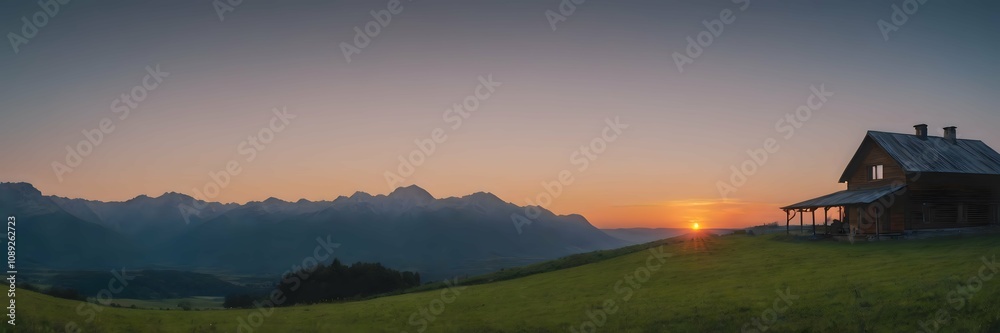 Rustic Wooden Cabin at Sunset with Panoramic Mountain View and Serene Green Meadow Rustic Wooden Cabin at Sunset with Panoramic Mountain View and Serene Green Meadow