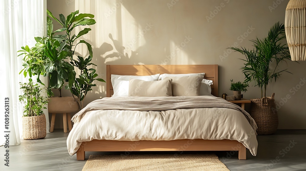 Fototapeta premium Elegant and Cozy Modern Bedroom Interior Design with Stylish Decor, mockup, poster and Background