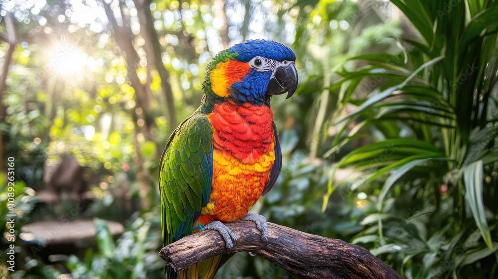 Naklejka premium Exotic parrot with vibrant plumage perched on a branch, surrounded by lush greenery and soft sunlight filtering through the forest.