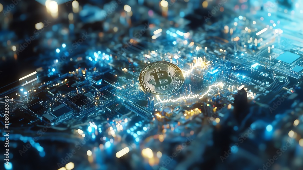 A glowing Bitcoin symbol embedded in a futuristic circuit board, representing the digital landscape of cryptocurrency and blockchain technology, illuminated by vibrant blue lights. A glowing Bitcoin symbol embedded in a futuristic circuit board, representing the digital landscape of cryptocurrency and blockchain technology, illuminated by vibrant blue lights.