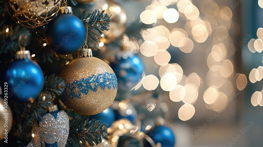 Fototapeta premium Christmas tree decorated with golden and blue ornaments, featuring shimmering bokeh lights in a soft blurred background, creating a festive atmosphere.