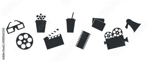 Cinema movie icons silhouettes. Video camera, 3D glasses, film reel, clapperboard, film strip, popcorn, soda, cinema tickets and megaphone
