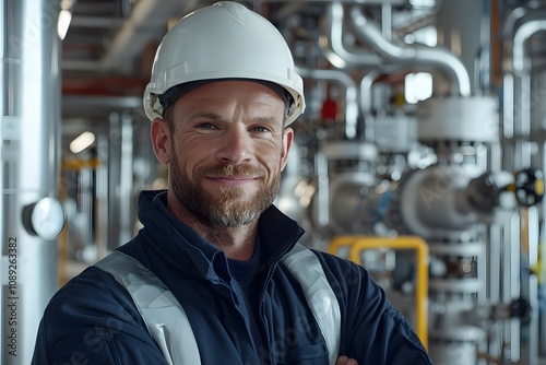 Male Worker in Dark Blue Builder’s Jacket and Hard Hat in Winter Industry – Construction, Cold Weather Work, and Safety Gear