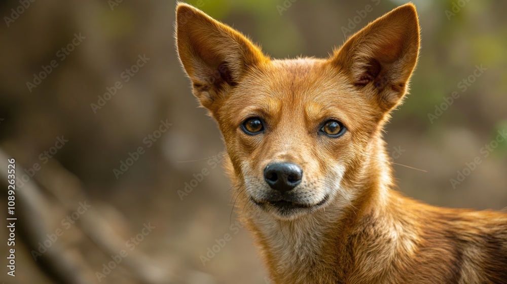 Close-up of a young red mongrel dog with expressive eyes and pointed ears, showcasing its sleek fur and attentive expression in a natural setting. Close-up of a young red mongrel dog with expressive eyes and pointed ears, showcasing its sleek fur and attentive expression in a natural setting.