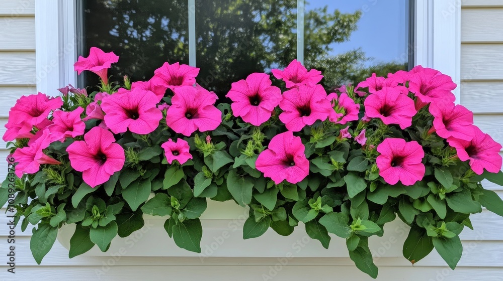 Vibrant pink petunias overflowing from a window box against a backdrop of clear blue skies and leafy greenery. Vibrant pink petunias overflowing from a window box against a backdrop of clear blue skies and leafy greenery.