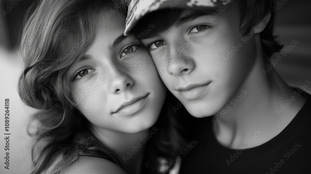 Fototapeta premium Close-up black and white portrait of a young couple gazing affectionately into the camera, showcasing their tender expressions and gentle connection.