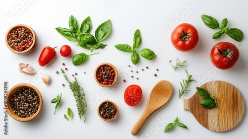 Vibrant arrangement of fresh herbs, colorful tomatoes, and spices with wooden utensils on a clean white countertop, highlighting essential cooking ingredients.