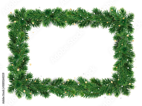 Christmas square wreath with golden confetti. Christmas tree decoration. Holiday fir tree garland. Festive winter season frame, spruce branches. Transparent background in vector file.
