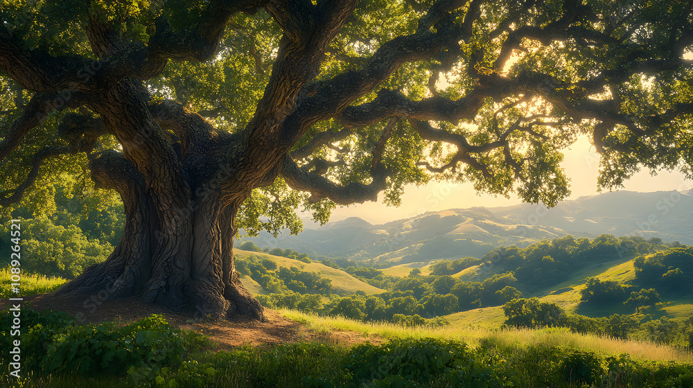 Majestic Ancient Oak Tree Against Rolling Hills, Representing the Enduring Strength and Wisdom of Life's Journey Through Aging Majestic Ancient Oak Tree Against Rolling Hills, Representing the Enduring Strength and Wisdom of Life's Journey Through Aging