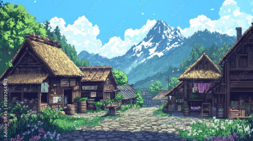 Pixel art of a small anime village with thatched roofs, a marketplace, and mountains in the background.