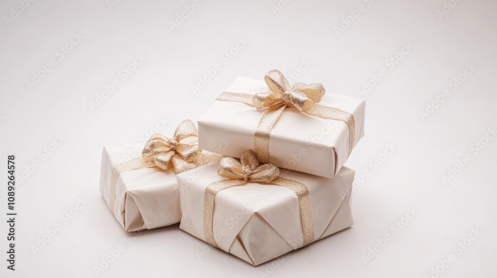 Elegant holiday gift boxes wrapped in gold ribbon, stacked with a minimalist design, perfect for festive celebrations and seasonal gifting.