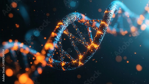 Abstract DNA strands with broken sections, symbolizing genetic health risks, futuristic and detailed