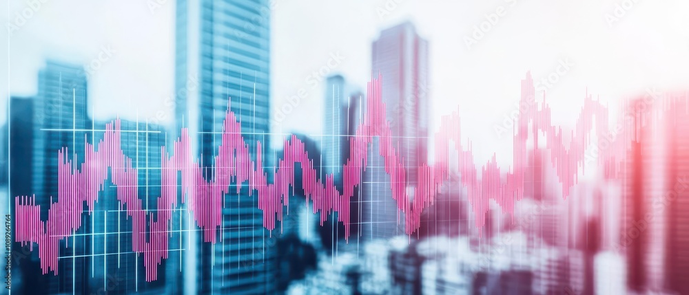 City skyscrapers overlayed with line graphs representing market growth, double exposure effect, urban and sophisticated City skyscrapers overlayed with line graphs representing market growth, double exposure effect, urban and sophisticated