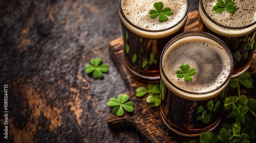 Close-up of three glasses filled with dark creamy stout beer topped with thick foam and adorned with green clover leaves on a rustic wooden table