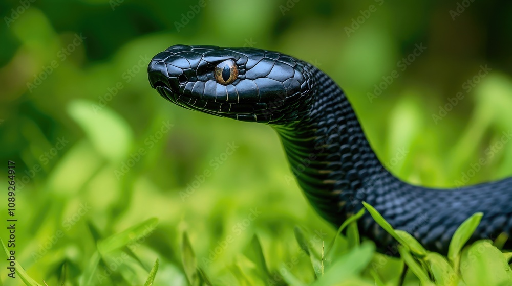 Obraz premium Black Mamba Gliding Through Vibrant Green Grass Showcasing Its Sleek Body and Intense Eyes in a Natural Environment