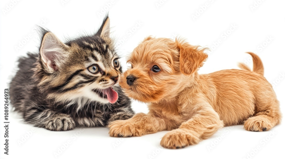 Cute tabby kitten playfully interacting with a fluffy golden puppy against a clean white backdrop, showcasing their friendship and curious expressions. Cute tabby kitten playfully interacting with a fluffy golden puppy against a clean white backdrop, showcasing their friendship and curious expressions.