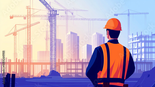 Construction worker oversees urban development at sunrise with cranes and buildings in view