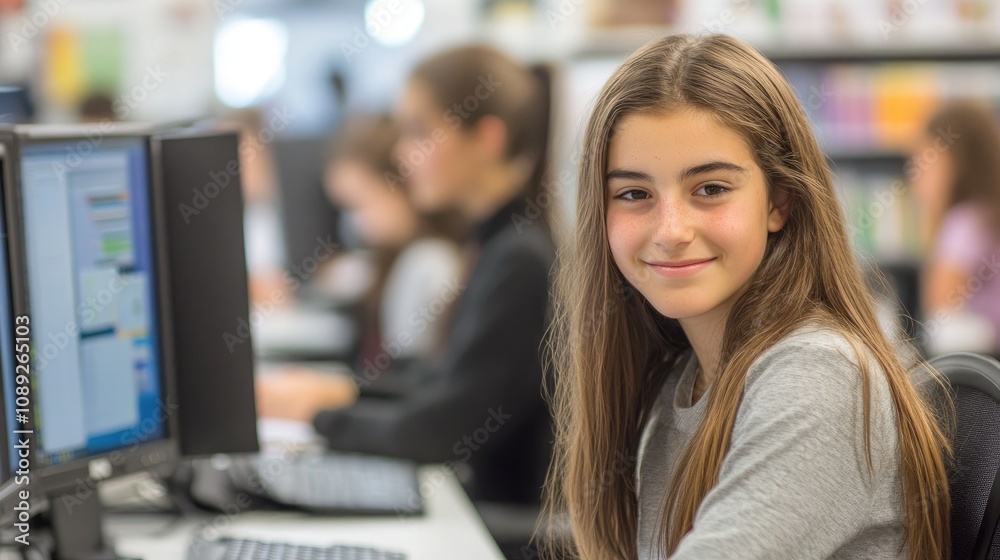 Young Student Smiling at Computer in Busy Classroom with Classmates Engaged in Learning Activities Surrounding Her Young Student Smiling at Computer in Busy Classroom with Classmates Engaged in Learning Activities Surrounding Her