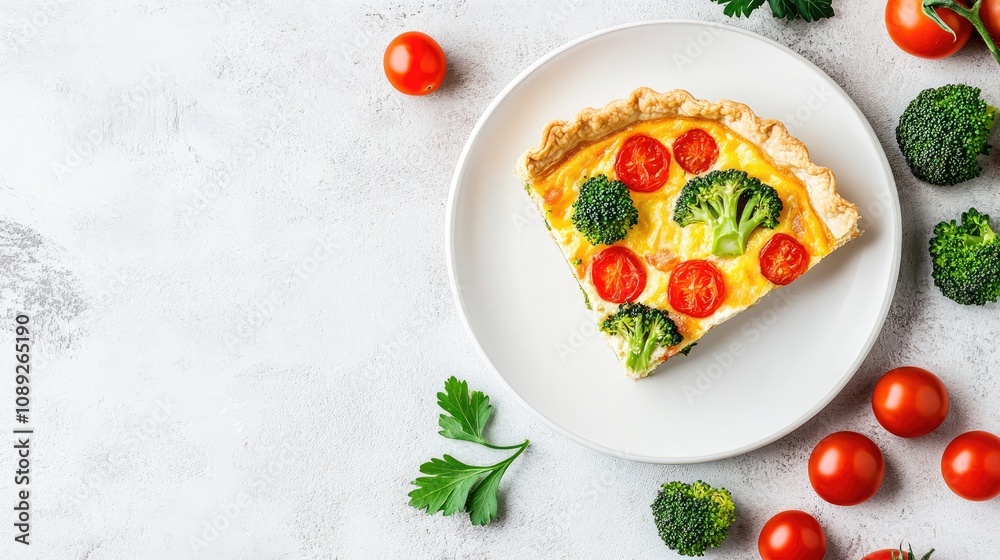 Homemade vegetarian quiche slice with cherry tomatoes and broccoli, served on a white plate, surrounded by fresh vegetables, emphasizing healthy eating. Homemade vegetarian quiche slice with cherry tomatoes and broccoli, served on a white plate, surrounded by fresh vegetables, emphasizing healthy eating.