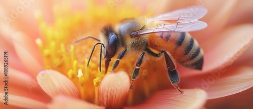 Closeup of honeybee on a vibrant flower, pollen details visible, rich color and natural textures photo