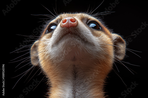 A stunning close-up of a meerkat showcasing its curious gaze and intricate fur details. Perfect for wall art, prints, or unique merchandise that celebrates nature’s charm. photo