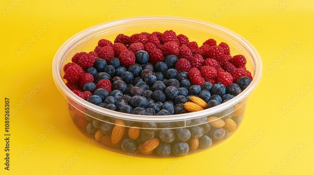 Assorted fresh berries and nuts arranged in a clear round plastic container on a vibrant yellow background, showcasing a colorful and healthy snack option. Assorted fresh berries and nuts arranged in a clear round plastic container on a vibrant yellow background, showcasing a colorful and healthy snack option.