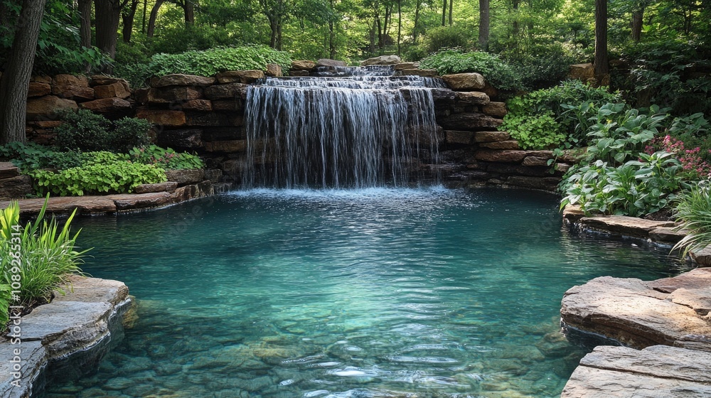 Naklejka premium A serene waterfall cascades into a clear pool surrounded by lush greenery and vibrant plants, creating a peaceful natural oasis.