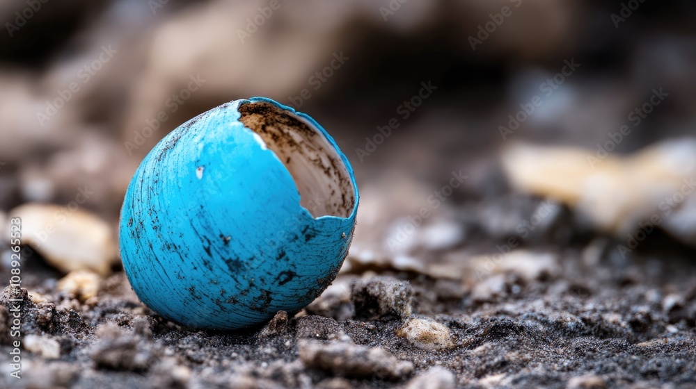 Close-up of a discarded blue starling egg shell lying on the ground, showcasing its cracked surface and earthy surroundings. Close-up of a discarded blue starling egg shell lying on the ground, showcasing its cracked surface and earthy surroundings.