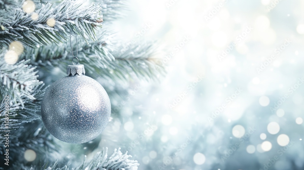 Close-up of a silver ornament on a vividly decorated Christmas tree, surrounded by soft bokeh lights, radiating festive holiday warmth and cheer. Close-up of a silver ornament on a vividly decorated Christmas tree, surrounded by soft bokeh lights, radiating festive holiday warmth and cheer.