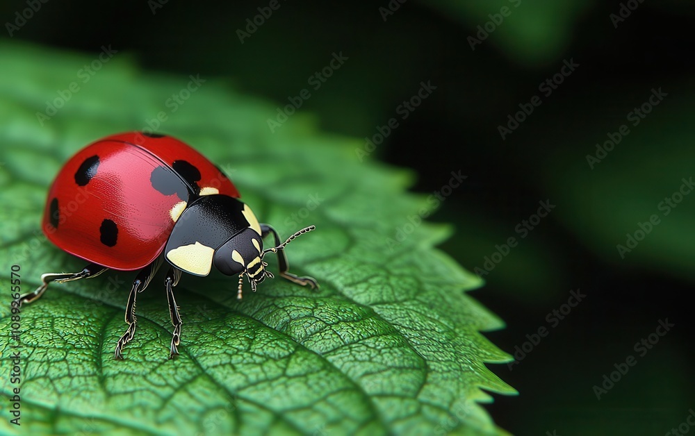 Fototapeta premium Extreme closeup of a ladybug on a green leaf, vibrant red against lush green, natural contrast
