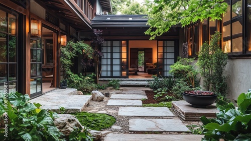 Wallpaper Mural Traditional home showcasing holographic shoji screens and a tranquil zen garden, seamlessly blending digital elements with serene natural aesthetics. Torontodigital.ca