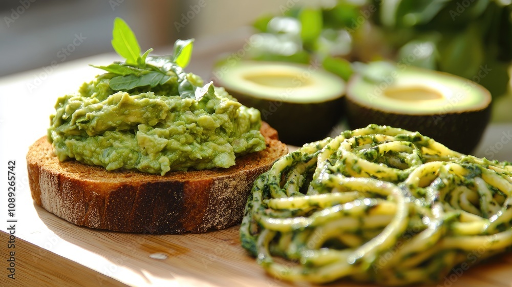 Nutritious breakfast with rye bread topped with guacamole and avocado pasta served on a wooden cutting board, garnished with fresh herbs. Nutritious breakfast with rye bread topped with guacamole and avocado pasta served on a wooden cutting board, garnished with fresh herbs.