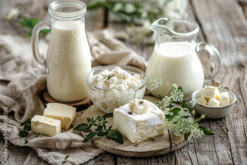 Dairy products on rustic wooden table. Assortment of most common fresh dairy products. Farmers market. From farm to table. Milk food group still life. Various kinds of cheese, butter and milk bottles photo