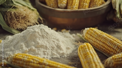 Cornstarch on a tabletop with fresh corn cobs and husks in the background, highlighting the texture of the powder and vibrant yellow kernels. photo