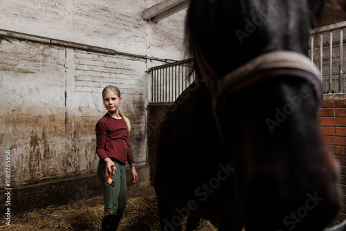 Young little teenager kid girl cleaning grooming chestnut horse back hair brush tool horse at stable ranch. Horse ride school farm life. Cute little blond girl kid care brown horse. Equine hobby work photo