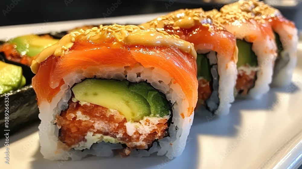 Close-up view of a vibrant sushi roll showcasing creamy avocado and topped with salmon, paired with a traditional sushi set on a white plate. Close-up view of a vibrant sushi roll showcasing creamy avocado and topped with salmon, paired with a traditional sushi set on a white plate.