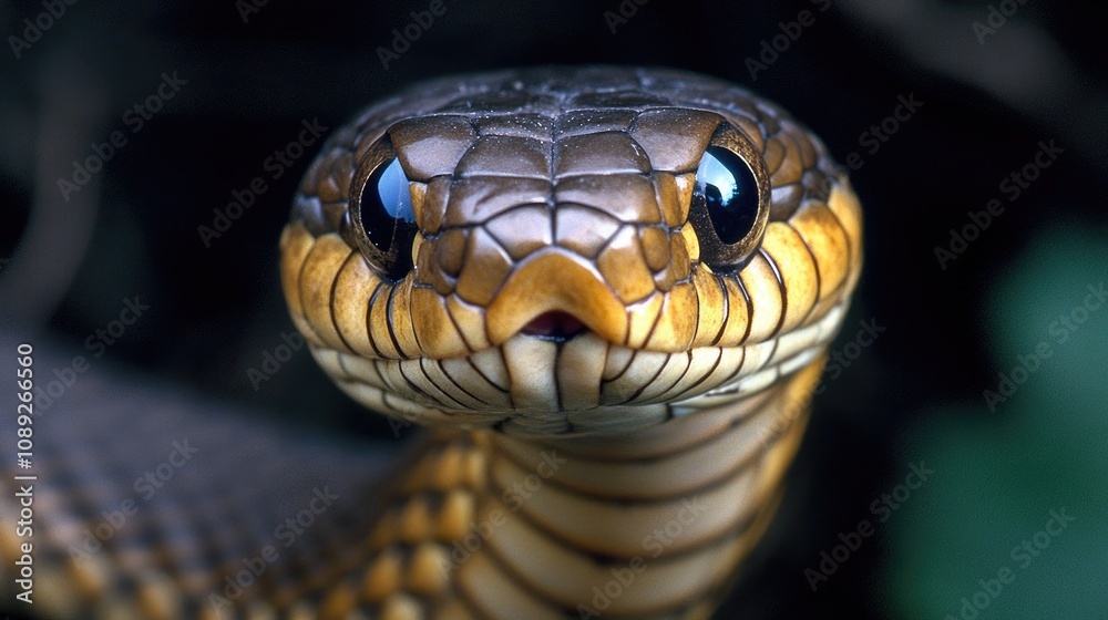 Close-up of a serene snake's face showcasing intricate scales and vivid eyes against a dark, soft-focus background. Close-up of a serene snake's face showcasing intricate scales and vivid eyes against a dark, soft-focus background.