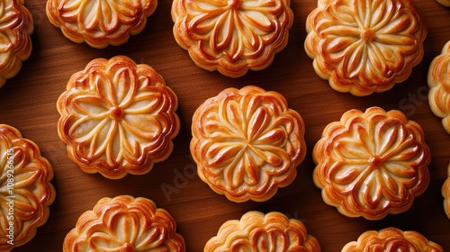 Decorative Mooncakes Displayed Beautifully for the Mid-Autumn Festival with Intricate Floral Patterns and Golden Brown Crusts