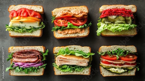 Variety of colorful sandwiches arranged on a dark surface, showcasing fresh ingredients like tomatoes, lettuce, and assorted meats between whole grain bread. photo