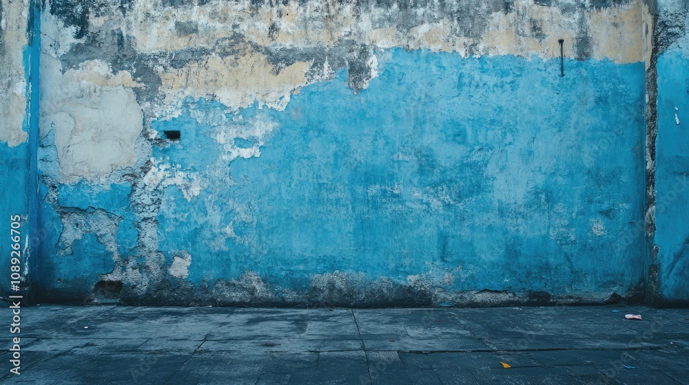 Textured blue wall with weathered cement featuring dark hues and peeling paint, creating an urban, rustic vibe.