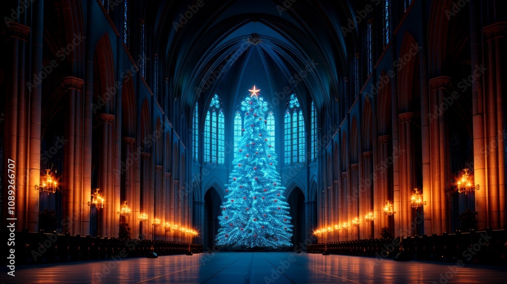 Blue Christmas tree in a grand cathedral setting Blue Christmas tree in a grand cathedral setting