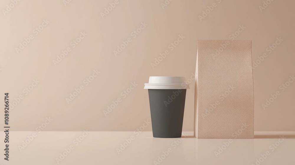 Elegant mockup of a minimalist takeaway coffee cup alongside a craft paper bag, highlighting essential items for contemporary fast-paced lifestyles. Elegant mockup of a minimalist takeaway coffee cup alongside a craft paper bag, highlighting essential items for contemporary fast-paced lifestyles.