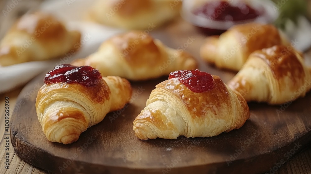 Freshly baked croissants topped with vibrant jam, artistically arranged on a rustic wooden board, showcasing their flaky texture and golden crust. Freshly baked croissants topped with vibrant jam, artistically arranged on a rustic wooden board, showcasing their flaky texture and golden crust.
