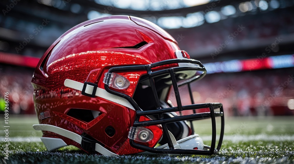 Fototapeta premium Shiny red football helmet positioned on the turf with a blurred stadium interior in the background, showcasing vibrant details and reflection.