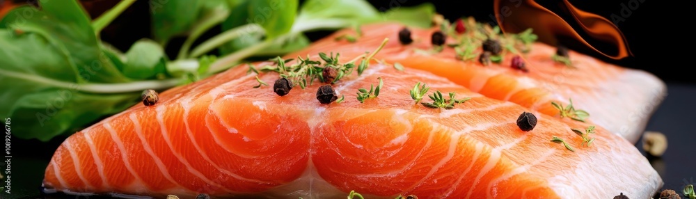 Fresh salmon fillets garnished with herbs and spices on a dark background, showcasing vibrant colors and a healthy appeal. Fresh salmon fillets garnished with herbs and spices on a dark background, showcasing vibrant colors and a healthy appeal.
