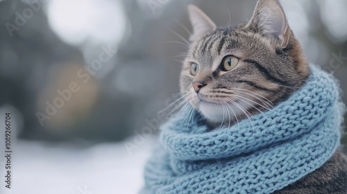 Wallpaper Mural Cat bundled in a vibrant blue knitted scarf showcasing a profile view, with a soft outdoor background, ideal for incorporating personalized text. Torontodigital.ca